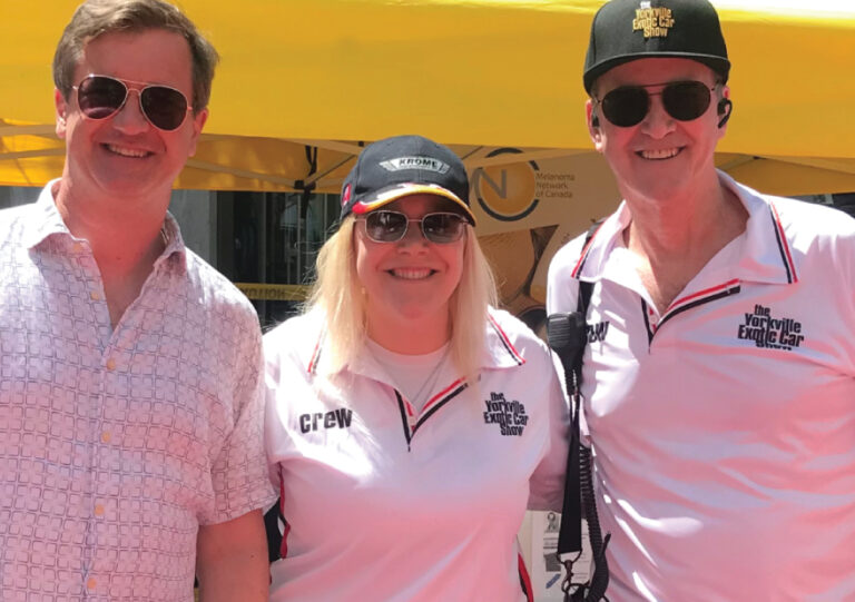 Image of CTV's Alan Carter, Melanoma Canada' CEO Falyn katz and Jim at Yorkville Exotic Car Show 2022